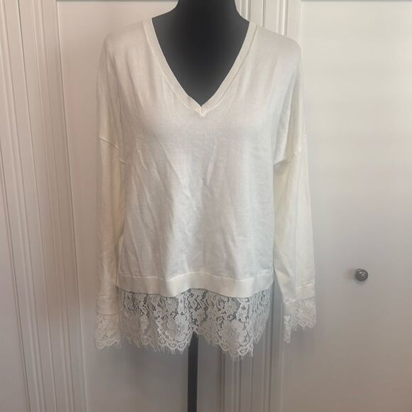 Adrianna Papell V Neck Sweater Lace Trim White NWT - Picture 2 of 6